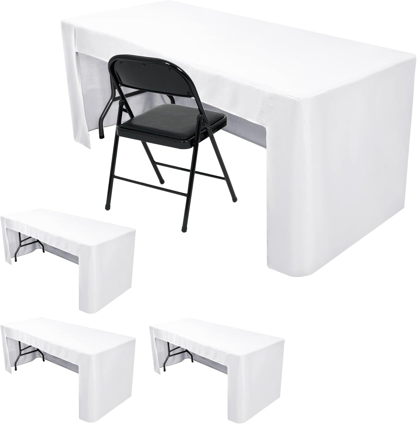 Nasitos 4 Pack White Tablecloth Fitted for 6 Foot Rectangle Tables-Open Back Table Cover Washable and Wrinkle Resistant Table Cloth for Parties, Wedding, Banquet, Jewelry Shows, Craft Fair, Trade Show
