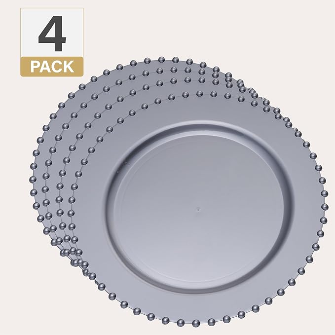 PLASTICPRO Silver Plastic Charger Plates with Beaded Edge – Pack of 4 – 13" Elegant Round Disposable Chargers for Weddings, Events, Parties, and Dinners