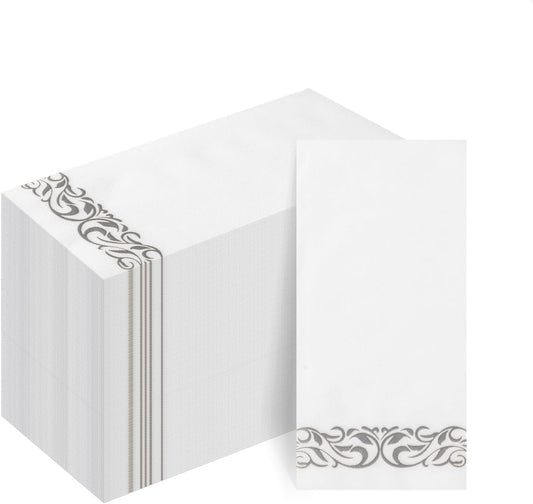 Goodluck 100-Pack Linen-Feel Disposable Guest Towels – Soft and Absorbent Paper Hand Towels for Bathroom or Kitchen – Elegant White Napkins with Silver Design for Parties, Weddings, Dinners Events