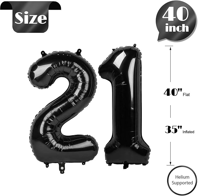 Black Number 21 Balloon 40 Inch, 21st Birthday Party Decorations for Children, Giant 21 Foil Balloon for Party Supplies