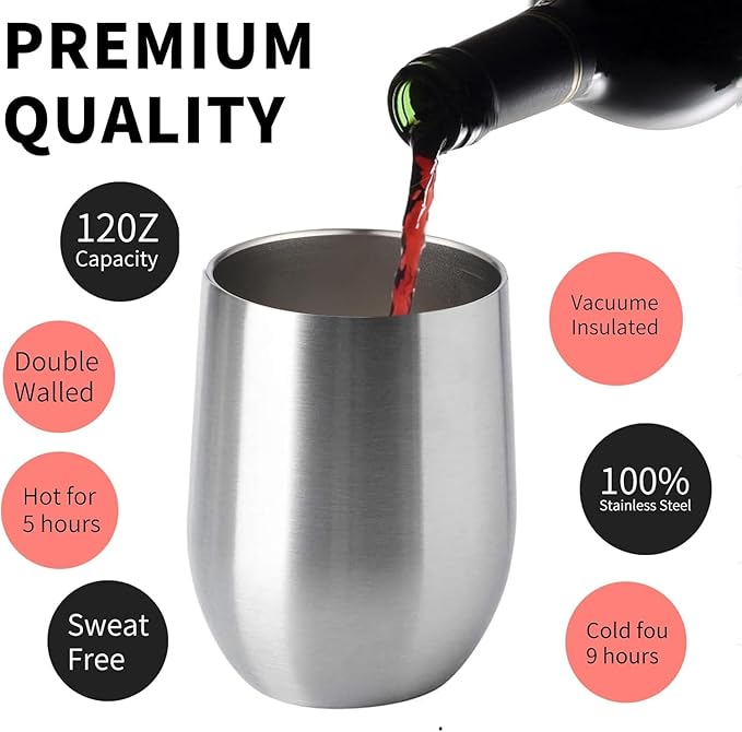 12oz/6 Pack Wine Tumbler Glasses with Lid Stemless Double Wall Vacuum Stainless Steel Travel Tumbler Keeping Cold & Hot for Wine,Coffee,Cocktails,Christmas Drinks-Family and Gifts (Multi color-dark)