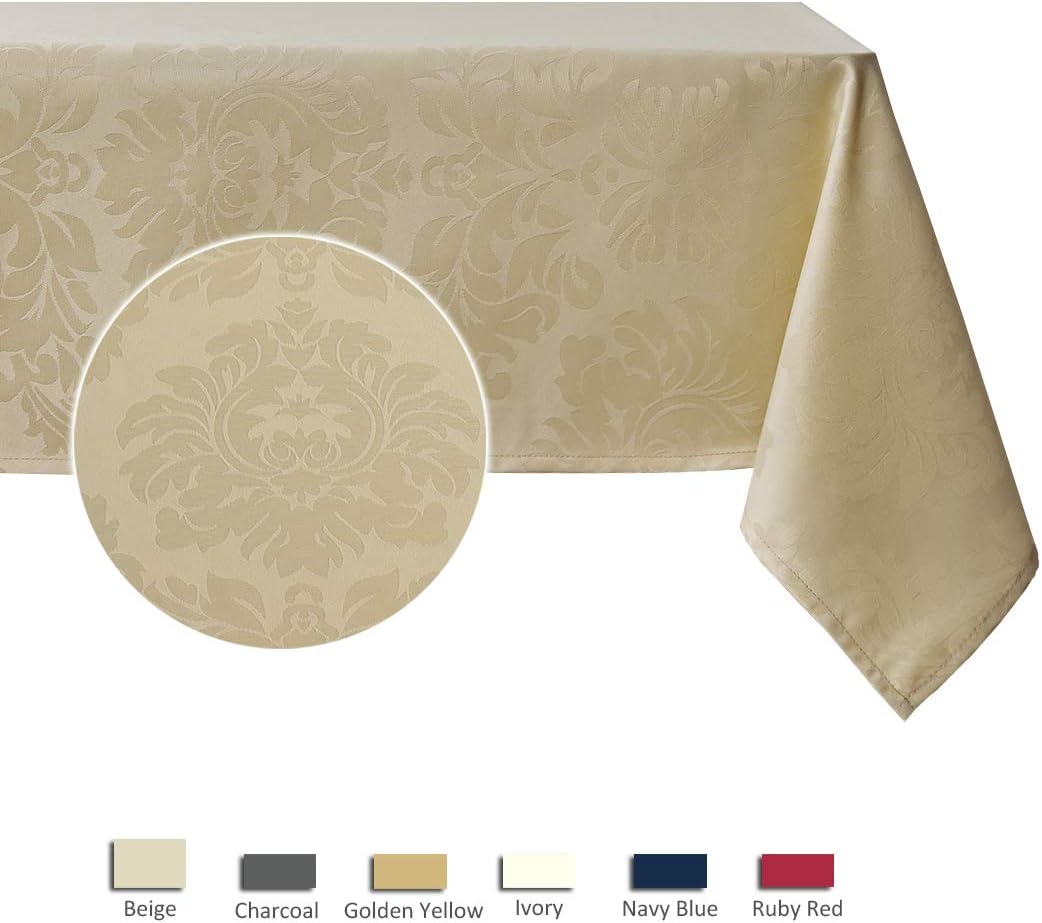 maxmill Jacquard Table Cloth Damask Design Water Proof Wrinkle Free Heavy Weight Soft Tablecloth Decorative Fabric Table Cover for Outdoor and Indoor Use Rectangular 60 x 104 Inch Beige