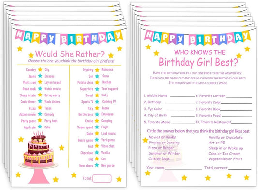Birthday Party Games Set for Girls- 20 Birthday Double Sided Games Cards Set- Girls Birthday Party Activity Notebook Themed Party Activity and Idea - Girl Birthday Supplies, Activity, Decorations