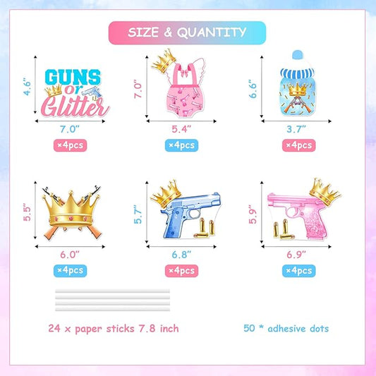 Guns or Glitter Gender Reveal Decorations, 24 Piece Guns or Glitter Table Centerpiece Stick Table Topper Pink and Blue Decor for Gender Reveal Baby Shower Party Supplies