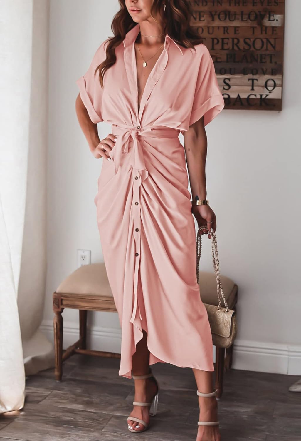Women Elegant Satin Button Down Short Sleeve Maxi Shirt Dress with Belt