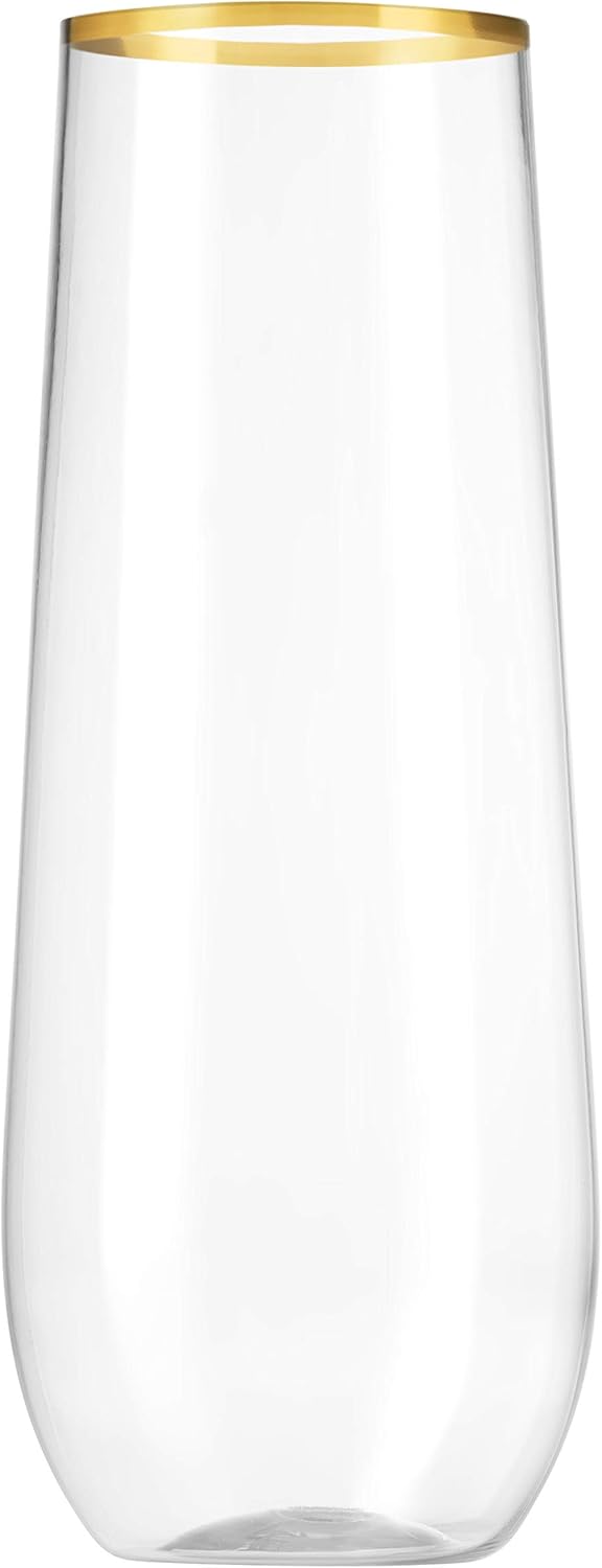 Munfix 48 Pack Stemless Plastic Champagne Flutes Disposable 9 Oz Gold Rim Clear Plastic Toasting Glasses Shatterproof Recyclable and BPA-Free