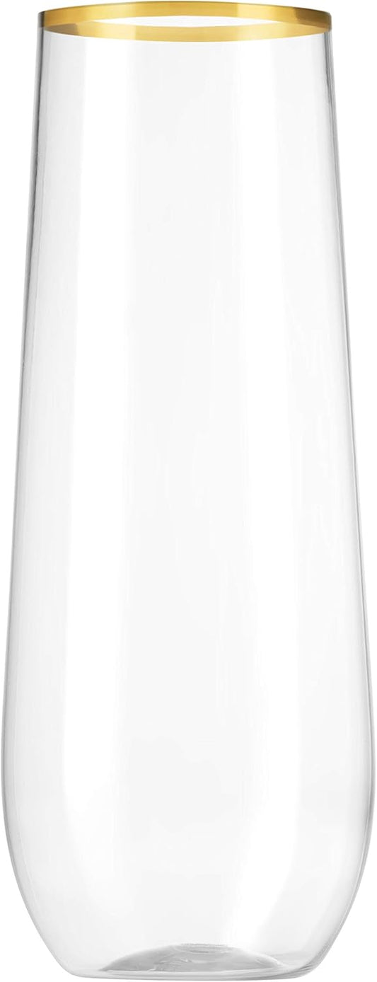 Munfix 48 Pack Stemless Plastic Champagne Flutes Disposable 9 Oz Gold Rim Clear Plastic Toasting Glasses Shatterproof Recyclable and BPA-Free