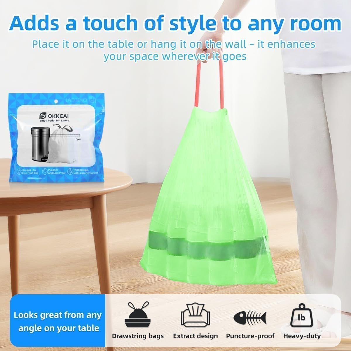 OKKEAI 2.6 Gallon Drawstring Trash Bags, 60 Count Small Green Bathroom Garbage Bags, Heavy Duty Tear-Resistant & Leak-Proof Wastebasket Liners for Kitchen, Bathroom, Office