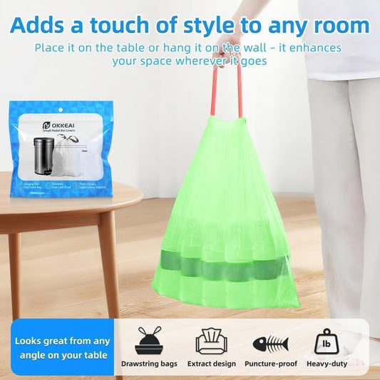 OKKEAI 2.6 Gallon Drawstring Trash Bags, 60 Count Small Green Bathroom Garbage Bags, Heavy Duty Tear-Resistant & Leak-Proof Wastebasket Liners for Kitchen, Bathroom, Office