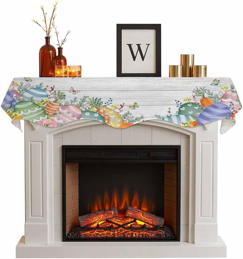 Easter Eggs Fireplace Mantel Scarf Table Runner, Spring Flowers Eucalyptus Leaves Wooden Grain Winter Garland Mantel Top Tablerunners Dresser Scarves Cover for Windows Party Living Room 60''x17''