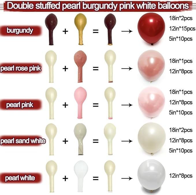 Red Pink White Balloons Double Stuffed Burgundy Pink Balloons Different Sizes Pearl White Burgundy Balloon Arch Kit for Bridal Wedding Birthday Baby Shower Mother's Day Party Decoration