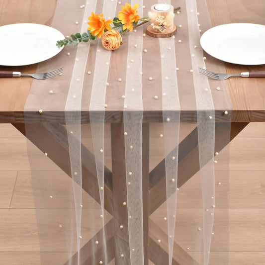 Light Peach Pearl Fall Thanksgiving Table Runner Boho Rustic Tulle Lace Table Runner for Baby Shower Wedding Arch Decor Veil Dessert Table Decor 6pcs