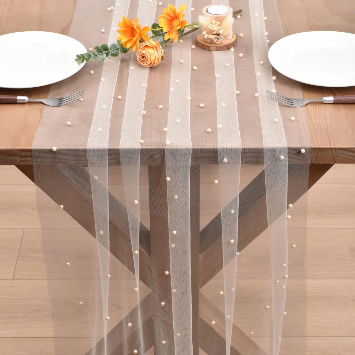 Light Peach Pearl Fall Thanksgiving Table Runner Boho Rustic Tulle Lace Table Runner for Baby Shower Wedding Arch Decor Veil Dessert Table Decor 3pcs