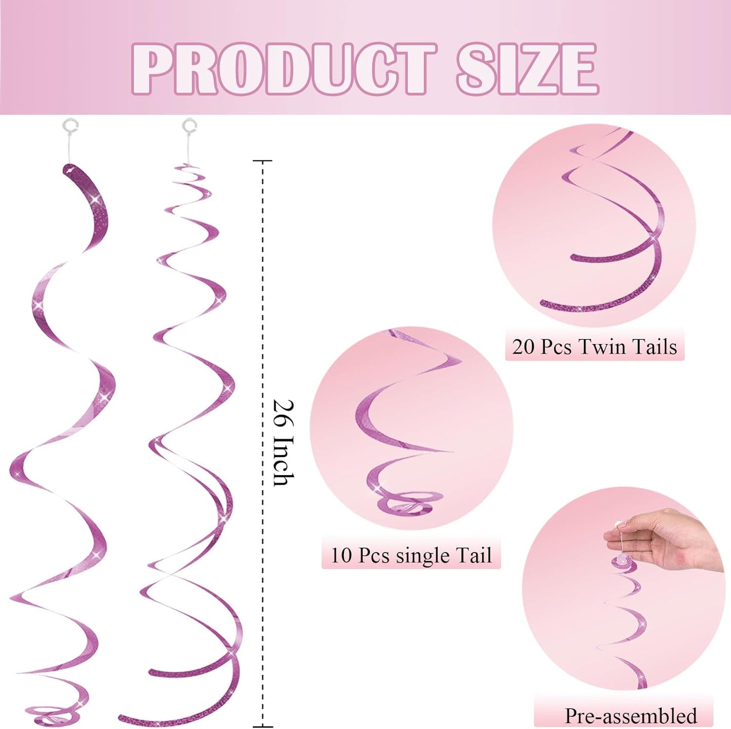 30 pcs Pink Hanging Swirls Decorations Swirl Party Decorations Plastic Party Streamer for Ceiling, 26"