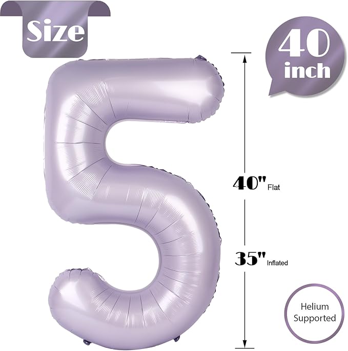 Lilac 5 Balloon, Number Balloons 40 Inch, 5th Birthday Balloon Decorations, Lavender Party Supplies, 5 Number Balloons, Number 5 Balloon