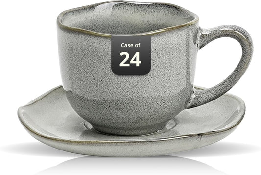 Organic Shape Restaurant 8oz Coffee Cup and Saucer, Commerical Grade Catering Stoneware Cups and Saucers in Ir-regular Organic Shape, Chip & Scratch Resistant, Glossy Reactive Glaze Grey, Case of 24