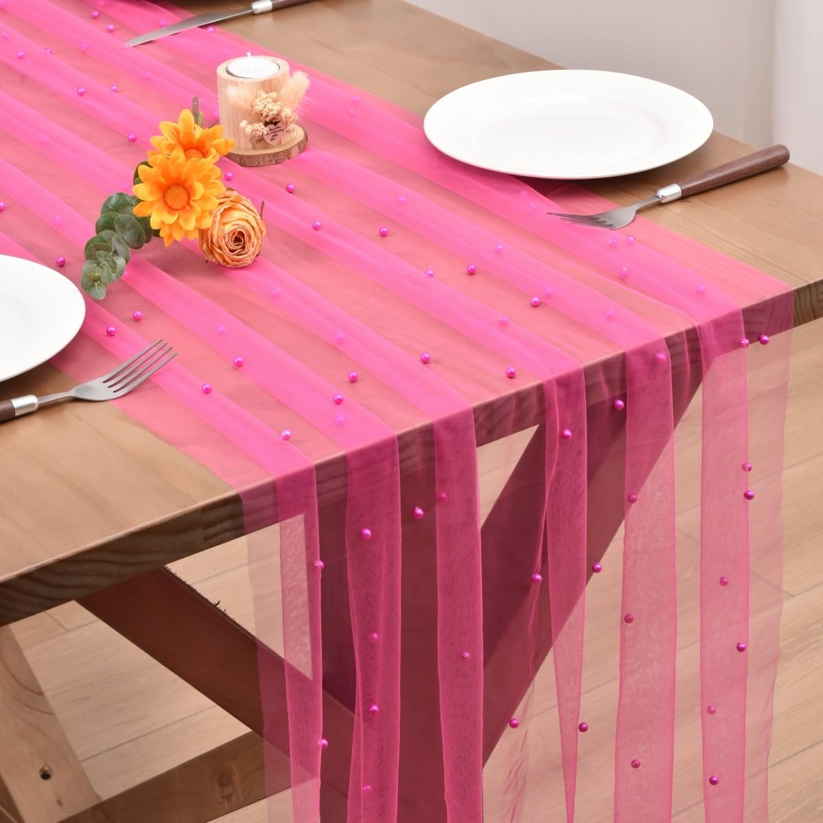 Fuschia Pearl Fall Thanksgiving Table Runner Boho Rustic Tulle Lace Table Runner for Baby Shower Wedding Arch Decor Veil Dessert Table Decor