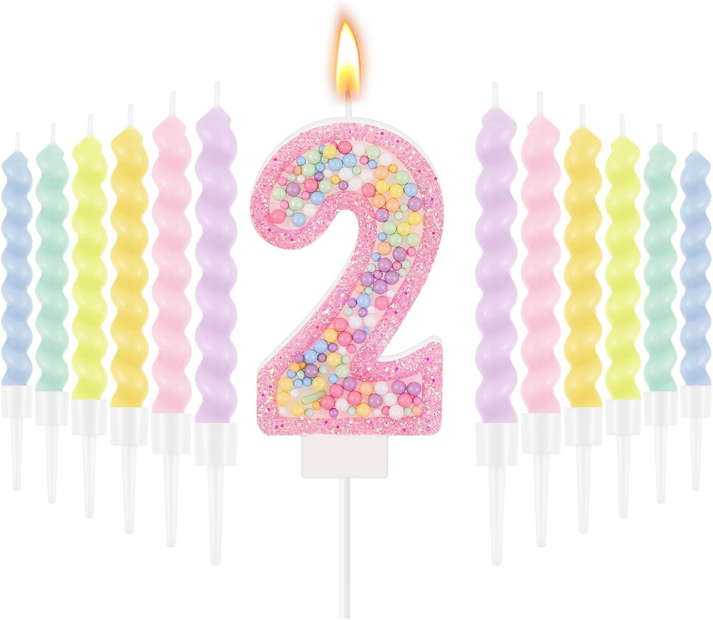 MTLEE Birthday Candle Macaron Glitter 3D Number Candle with 12 Pcs Rainbow Spiral Candles in Holders for Girl Boy Cake Topper Wedding Anniversary Pastel Sweet Theme Party Decoration(Pink,Number 2)