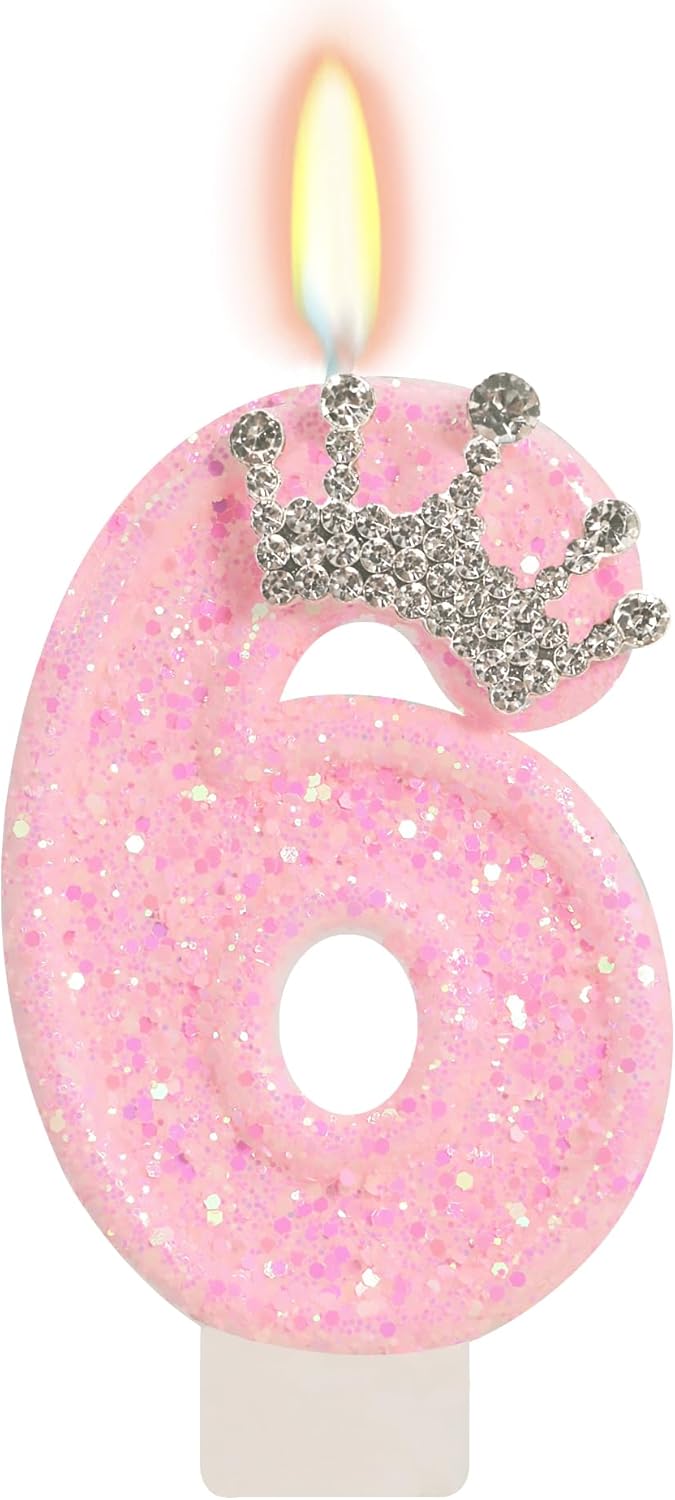 Birthday Candle for Cake, Crown Pink Number Candles, 2.76 inch Cake Topper Decoration for Princess Birthday Party (Number 6)