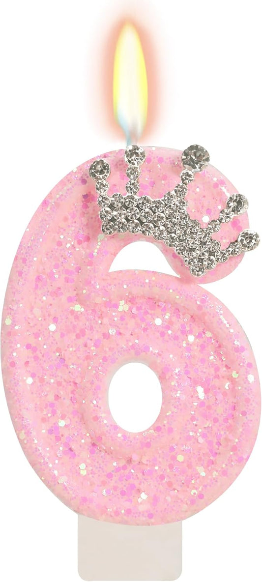 Birthday Candle for Cake, Crown Pink Number Candles, 2.76 inch Cake Topper Decoration for Princess Birthday Party (Number 6)