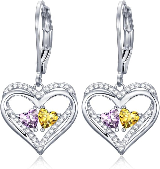 Valentines Day Gifts for Women, Heart Leverback Earrings Double Birthstone Dangle Earrings for Women, Love Jewelry for Her, Anniversary Birthday Gift for Mom Wife Girlfriend