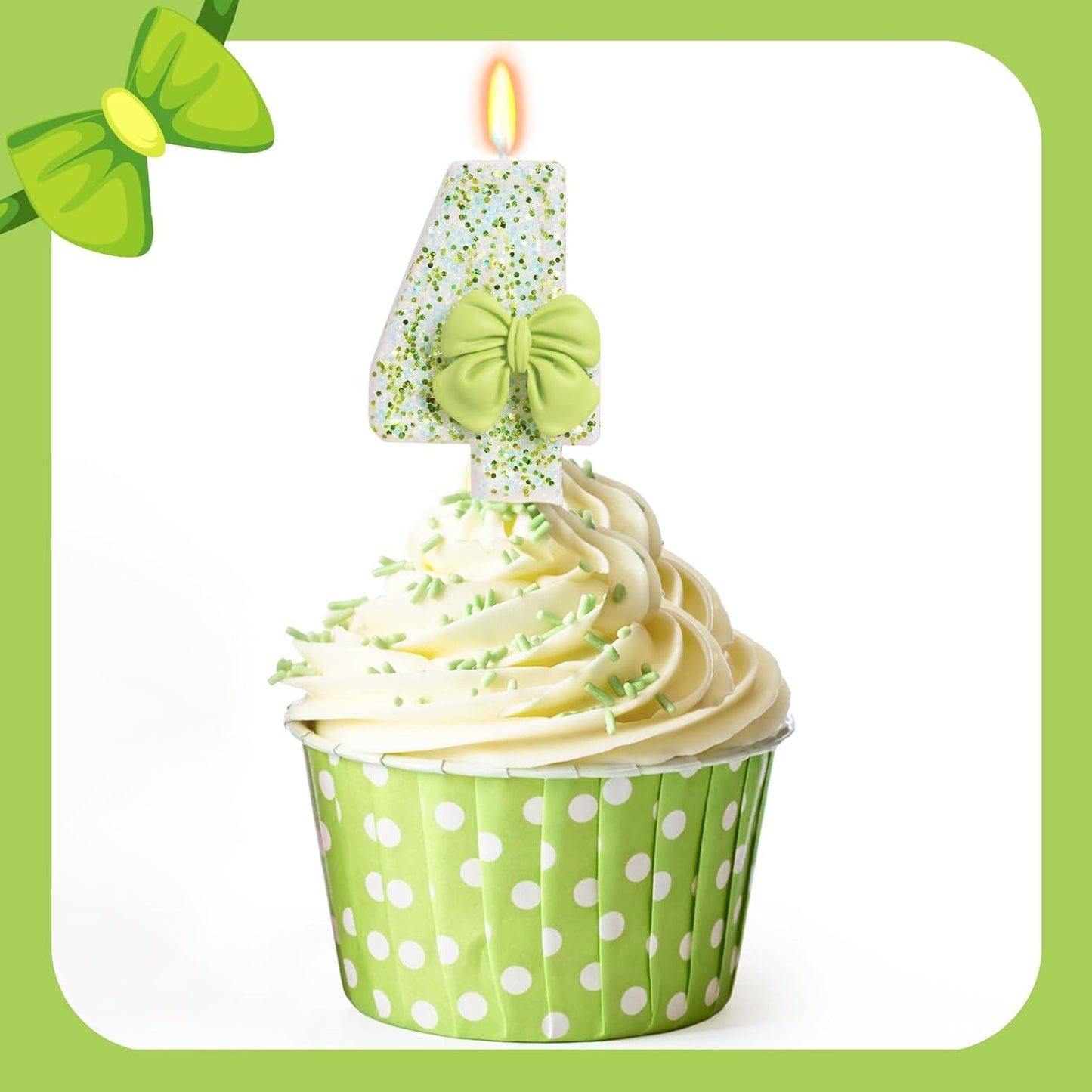 Birthday Candle for Cake, Green Bow Number Cake Candles, 2.76 inch Cake Topper Decoration for Birthday Party (Number 4)