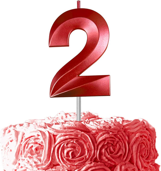 Red Number 2 Candles, 3D Diamond 2.76 Inch Cake Topper Birthday Candles for Wedding Anniversary Cake Decorations, Happy Birthday Party Decorations