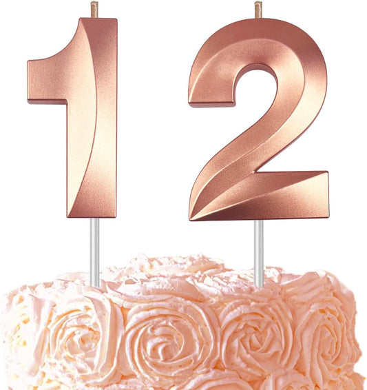 Rose Gold Number 12 Candles, 3D Diamond 2.76 Inch Cake Topper Birthday Candles for Wedding Anniversary Cake Decorations, Happy Birthday Party Decorations