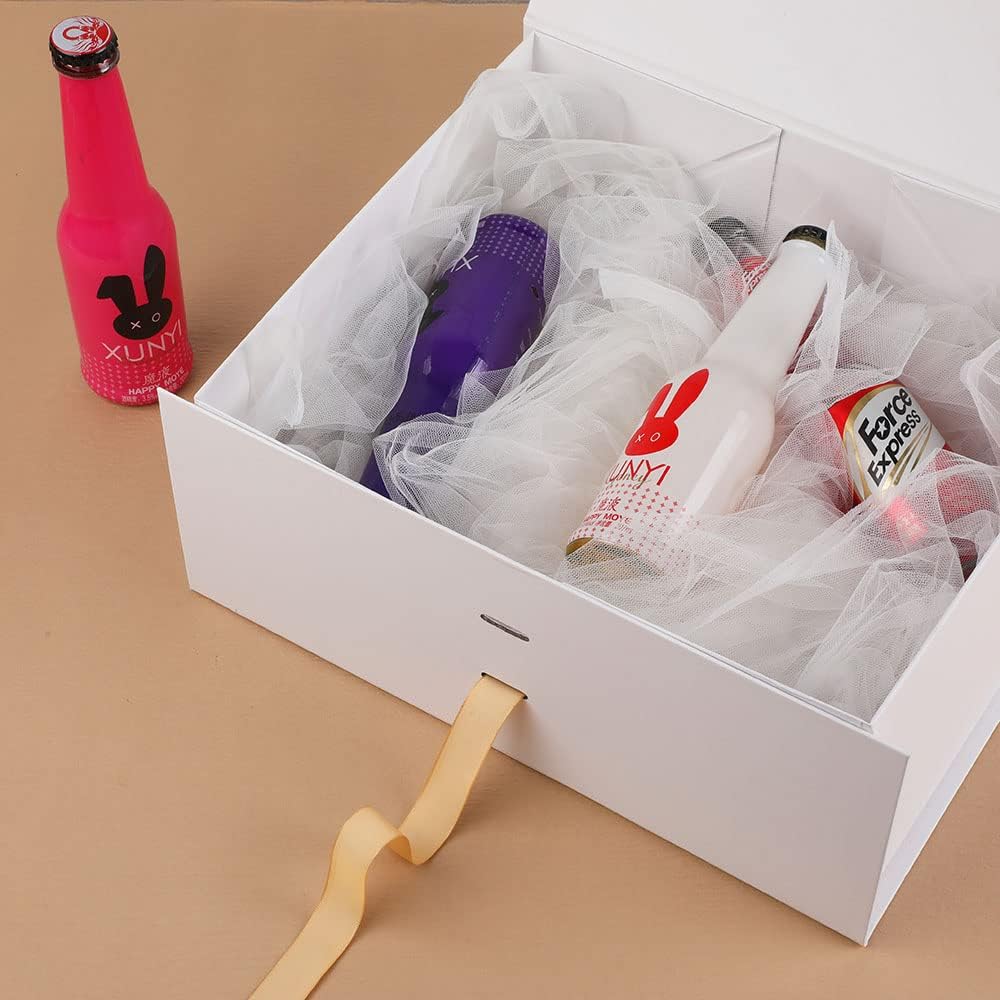 White Large Gift Box 13x11x5.3 Inches With Ribbon, Lid Magnetic Closure, Christmas, Rectangle Collapsible for Men Shoes (Glossy White)