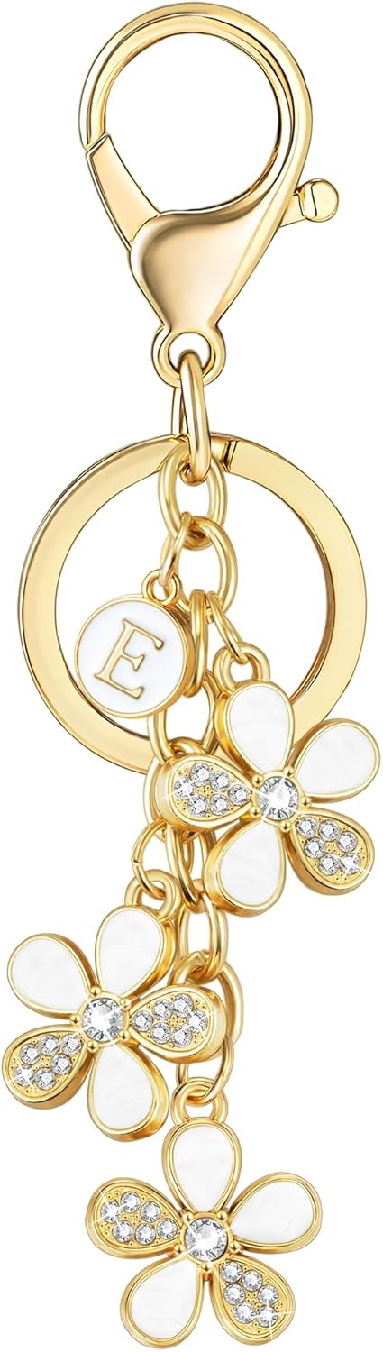 XGALBLA Cute Flower Crystals Rhinestone Initial Letter Keychain for Women, Bag Charms Bling Sparkly Enameled Keychain Handbag
