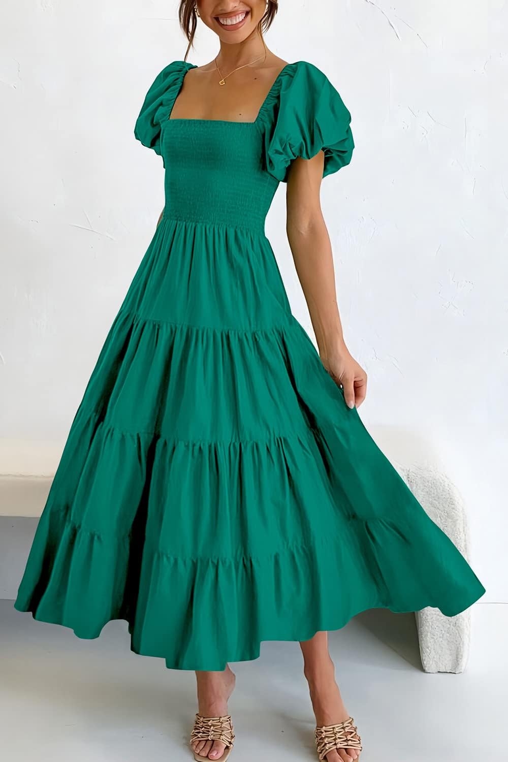 PRETTYGARDEN Women's Casual Summer Midi Dress Puffy Short Sleeve Square Neck Smocked Tiered Ruffle Dresses