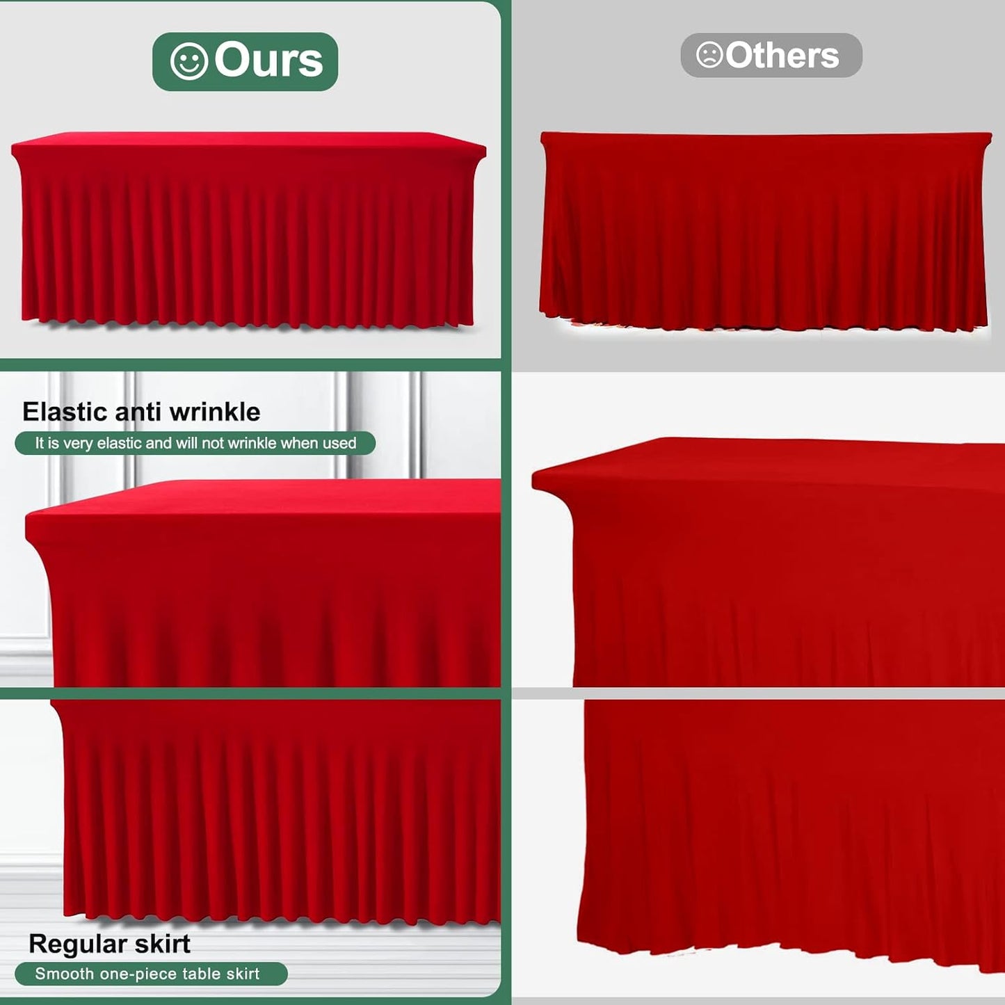 Table Skirts for Rectangle Tables 6ft - One-Piece Red Tablecloths and Skirt, Wrinkle Resistant Ruffles Elastic Cover for Banquets, Weddings, Events, Parties