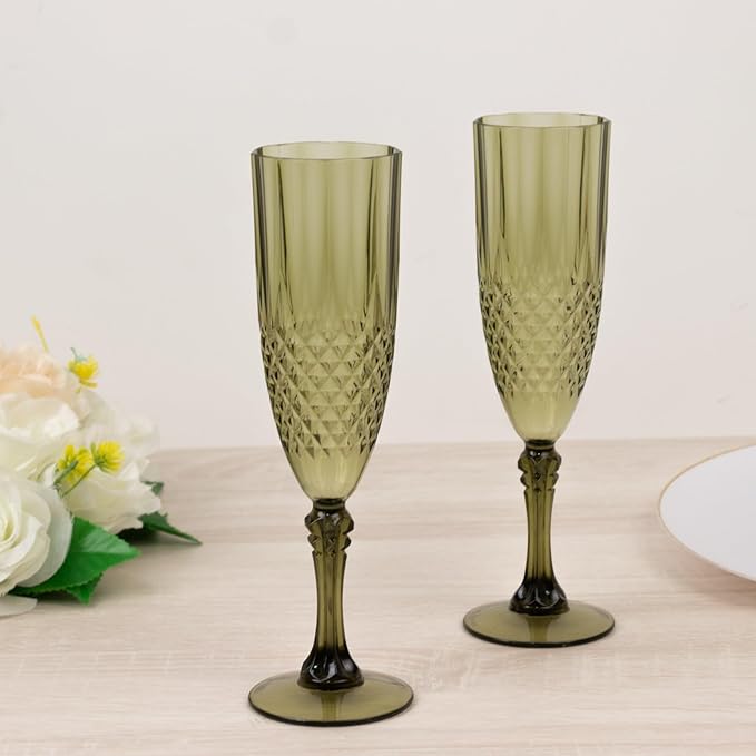 Efavormart 6-Pack Champagne Glasses, 8oz Shatterproof Plastic Crystal Cut Toast Flutes, Dusty Sage Green for Party Celebration Wedding