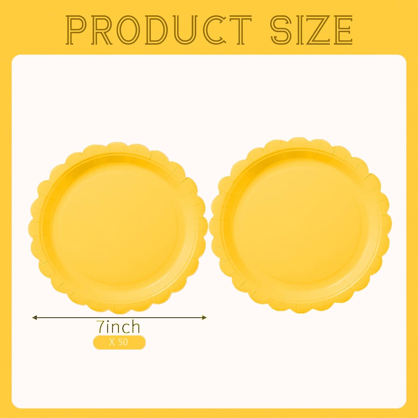 BEFORYOU 50PCS Scalloped Disposable Paper Plates Dessert Cake Party Plates for Baby Shower, Wedding,Bridal Shower Birthday Party Supplies (Yellow, 7IN)