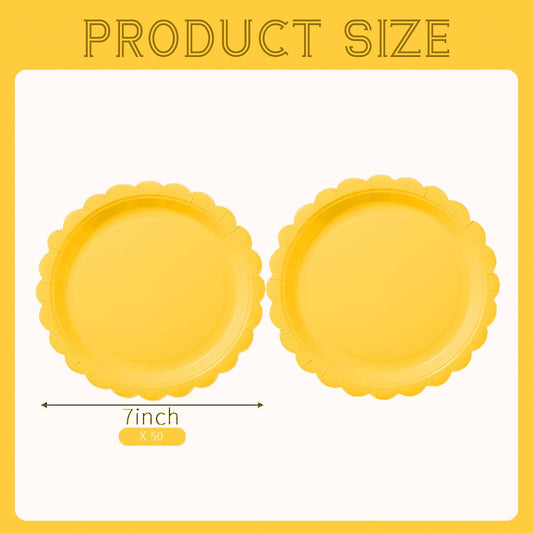 BEFORYOU 50PCS Scalloped Disposable Paper Plates Dessert Cake Party Plates for Baby Shower, Wedding,Bridal Shower Birthday Party Supplies (Yellow, 7IN)