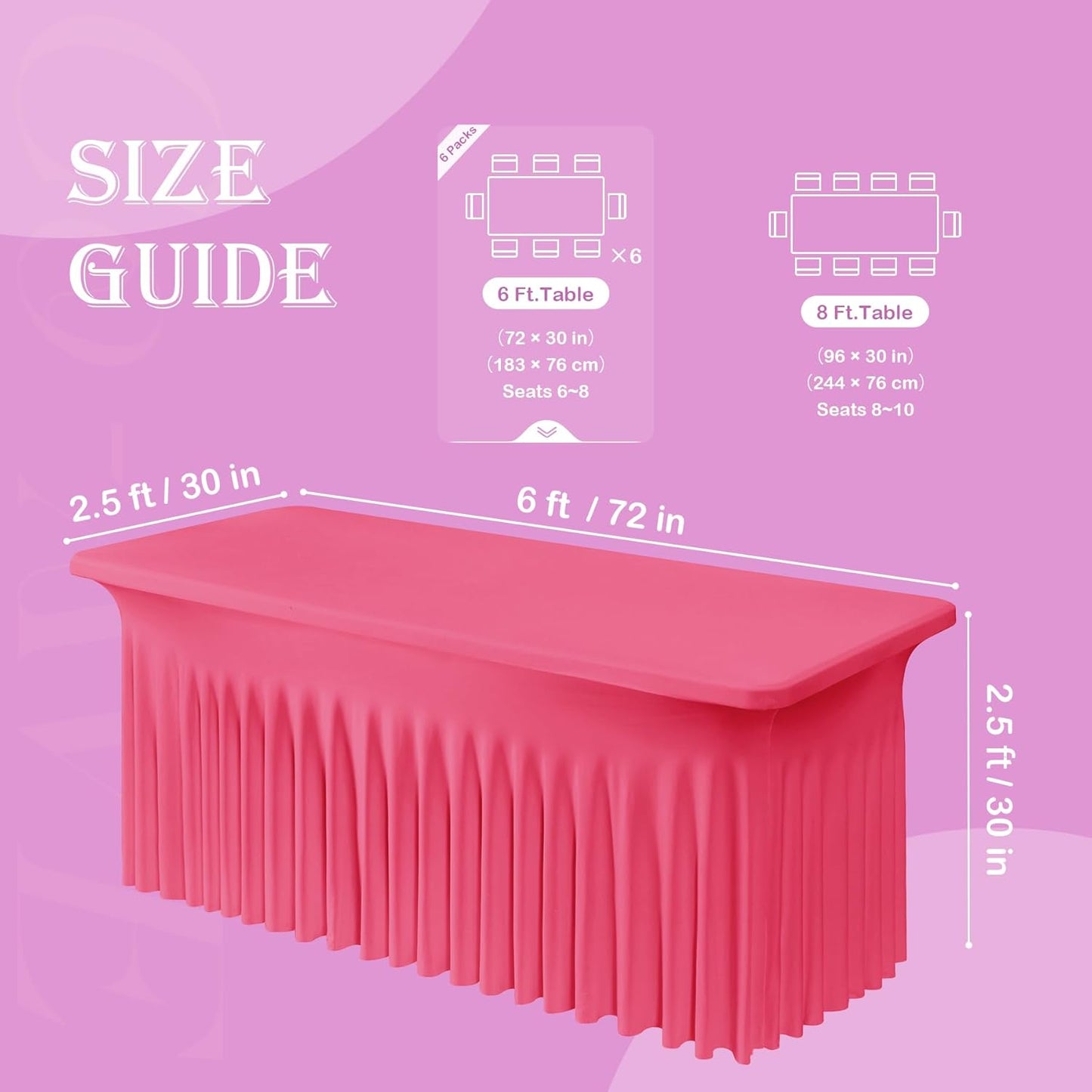6pk Hot Pink Spandex Tablecloths 6ft for Rectangle Tables, Wrinkle Free Classy Table Skirt Stretchy Fitted Table Cloths Covers 6 Foot for Weddings Birthday Party Events Banquette Baby Shower