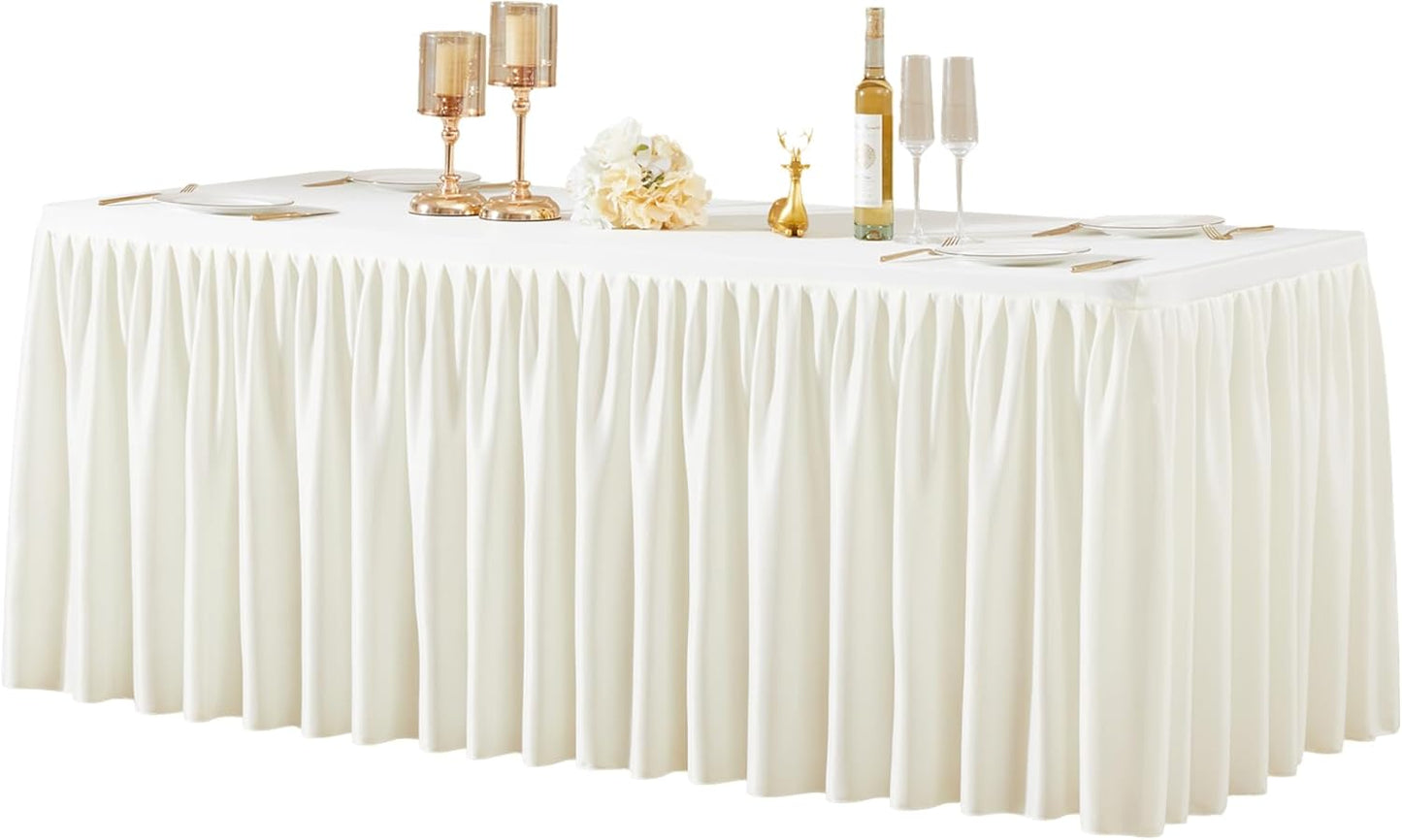 Cream White Polyester Table Clothes for 4 Foot Rectangle Tables, Wrinkle Free Fitted Table Cover with Pleated Ruffle Table Skirt for Birthday Party Wedding Trade Show Event Display