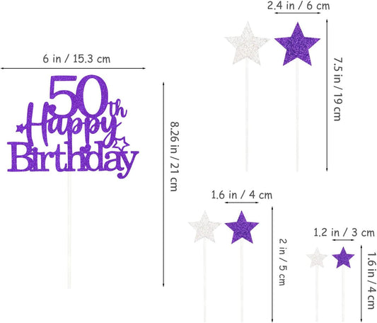 Glittery 50th Happy Birthday Cake Topper with Star,Personalised 50 Birthday Cake Toppers Party Decorations Party Supplies for Men Women Purple Silver