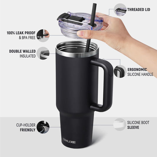 40 oz Tumbler with Handle and Straw Lid,Insulated Reusable Stainless Steel Water Bottle Travel Mug，Cupholder Friendly Double Wall Vacuum Sealed Cup (Black)