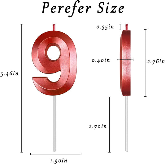 Red Number 9 Candles, 3D Diamond 2.76 Inch Cake Topper Birthday Candles for Wedding Anniversary Cake Decorations, Happy Birthday Party Decorations