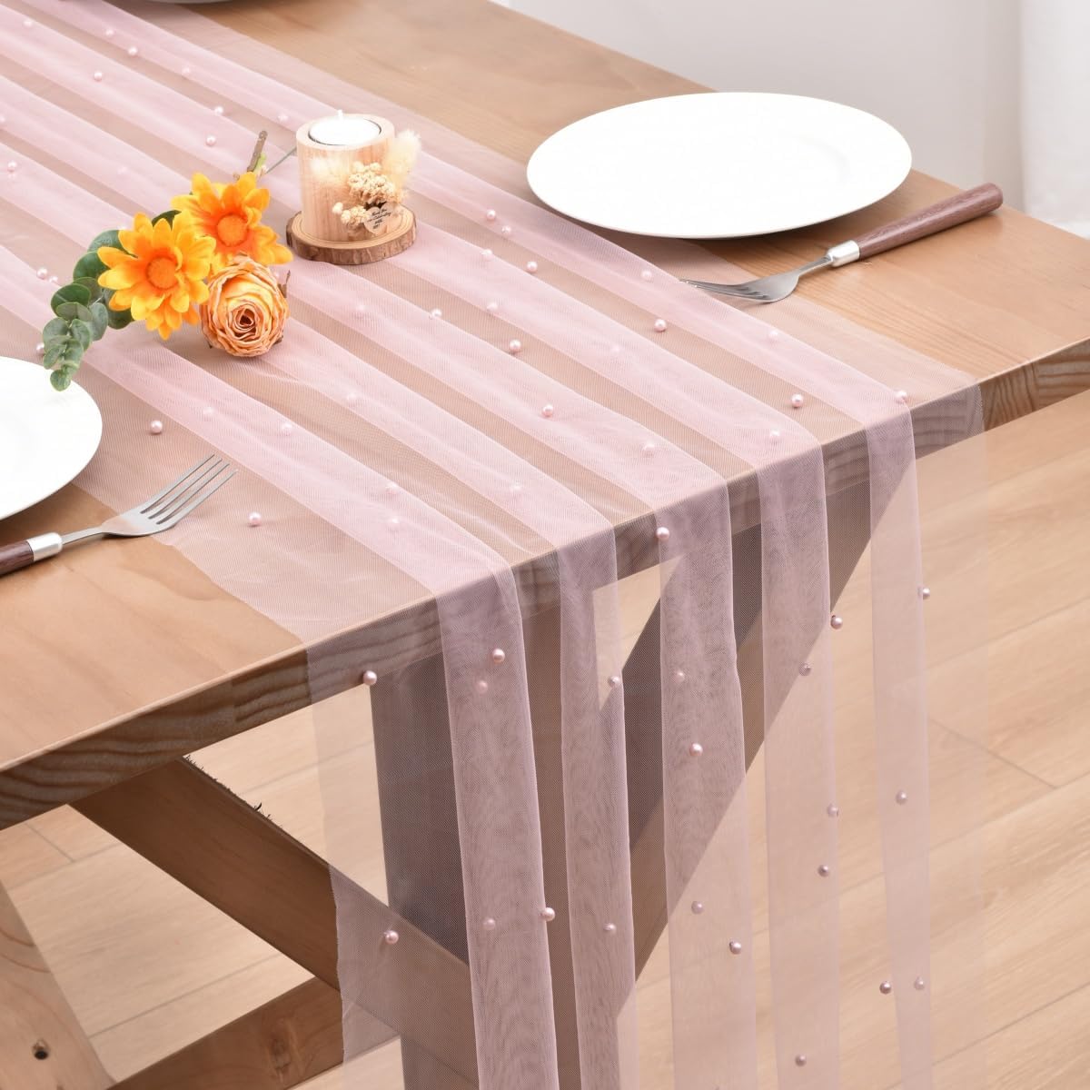 Blushing Pink Pearl Fall Thanksgiving Table Runner Boho Rustic Tulle Lace Table Runner for Baby Shower Wedding Arch Decor Veil Dessert Table Decor 6pcs