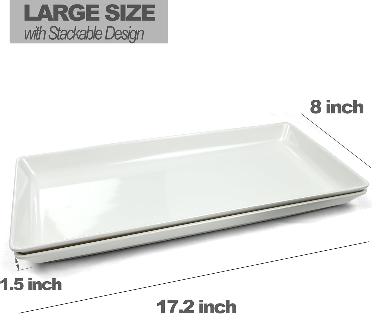 Long Melamine Serving Platter, 17.3x8x1.5 inch Rectangle Serving Trays for Party, Long Serving Platters Plates for Appetizer, Charcuterie, Bread, Fruit, Dessert, Set of 2, White