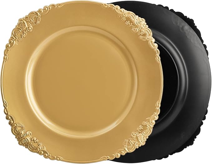 Okllen 12 Pack Gold Charger Plates, 13" Round Dinner Charger Plates with Embossed Rim for Catering, Wedding, Tabletop Decor