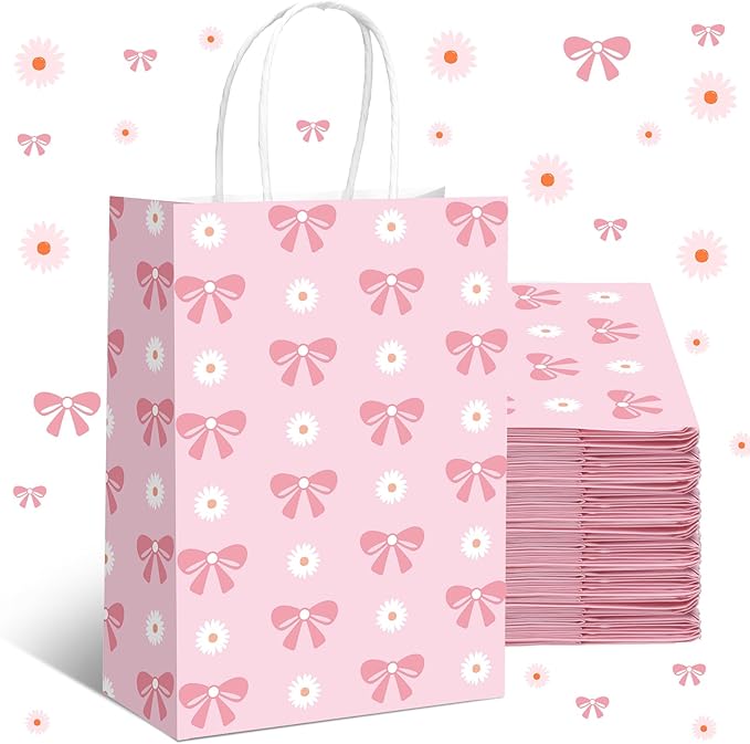 Kolldenn 16 Pcs Coquette Daisy Bow Paper Gift Bags Women Mother's Day Birthday Favor Goodie Candy Bags with Handles for Bridal Engagement Baby Shower Party Supplies