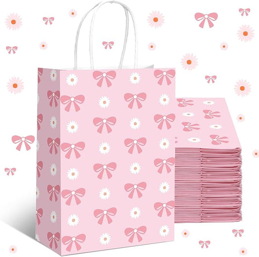 Kolldenn 16 Pcs Coquette Daisy Bow Paper Gift Bags Women Mother's Day Birthday Favor Goodie Candy Bags with Handles for Bridal Engagement Baby Shower Party Supplies