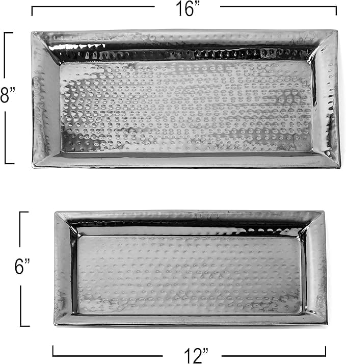 Silver Hammered Trays - Silver Serving Tray and Platters - Appetizer Tray - Chrome Rectangle Platters (2 Pack)