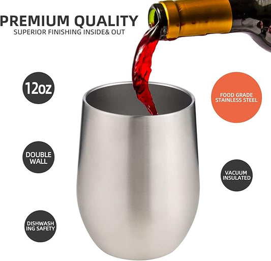12 oz Insulated Wine Tumbler with Lid and Straw,Stainless Steel Stemless Wine Tumbler Glasses Double Wall Vacuum Wine Cups Tumbler Bulk for Coffee,Cocktail,Office(Silver,4)