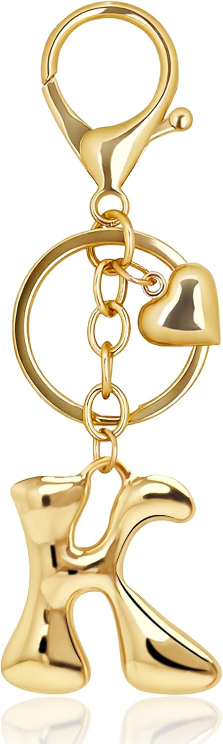 Gold Bubble Heart Initial Bag Charms for Handbags – Cute Initial Letter Keychain for Women, Purse Charms, Gold Gift