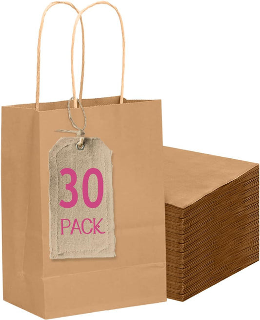 qiqee 30-Packs Brown Gift Bags with Handles Bulk 4.5"x2.5"x6" Mini Size Party Paper Bags