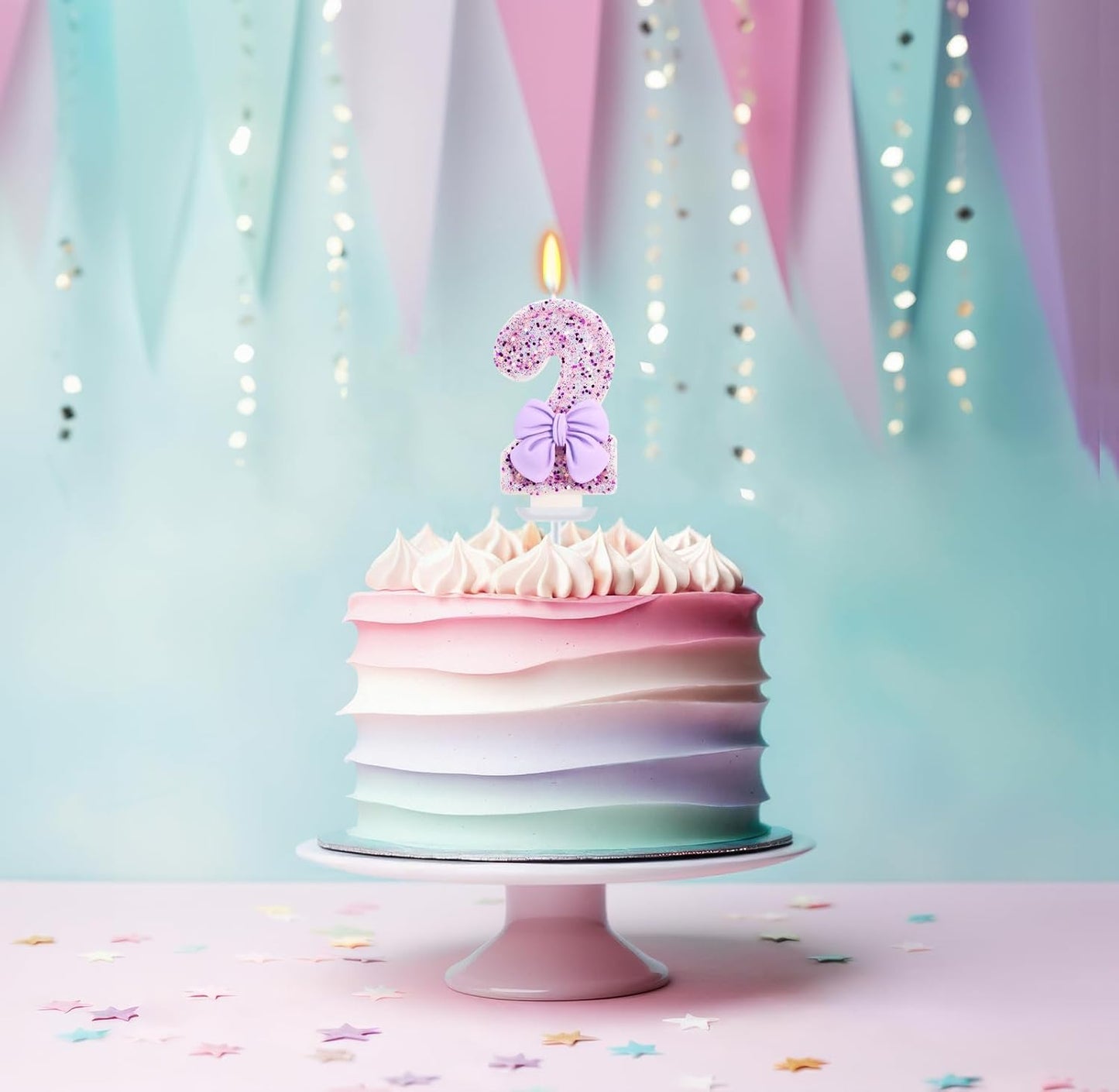 Birthday Candle for Cake, 2 Candle - Purple Glitter with Bowknot, 2.76 inch Cake Topper Decoration for Two Years Old Birthday Party (Number 2)